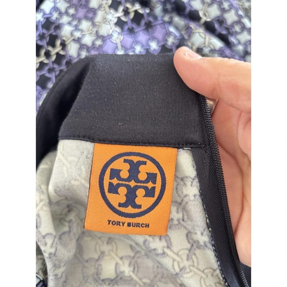 Tory Burch Silk Dress Womens M Black Purple Geometric Logo Quiet‎ Luxury